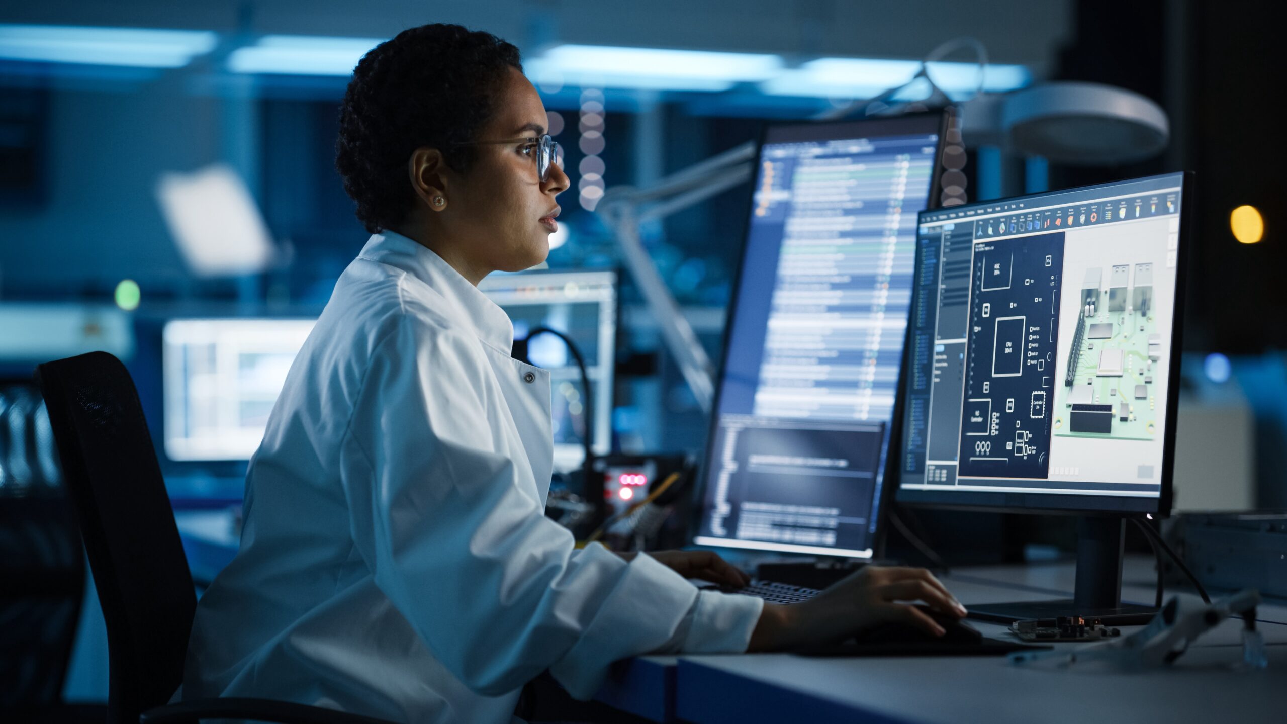 microchip engineer sitting at a workstation designing something